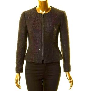 Annie Klein Black Sequin Tweed Zippered Jacket Size 8